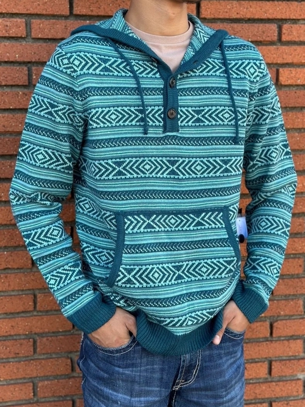 ROCK & ROLL DENIM MENS SWEATER HOODIE TEAL Size MEDIUM